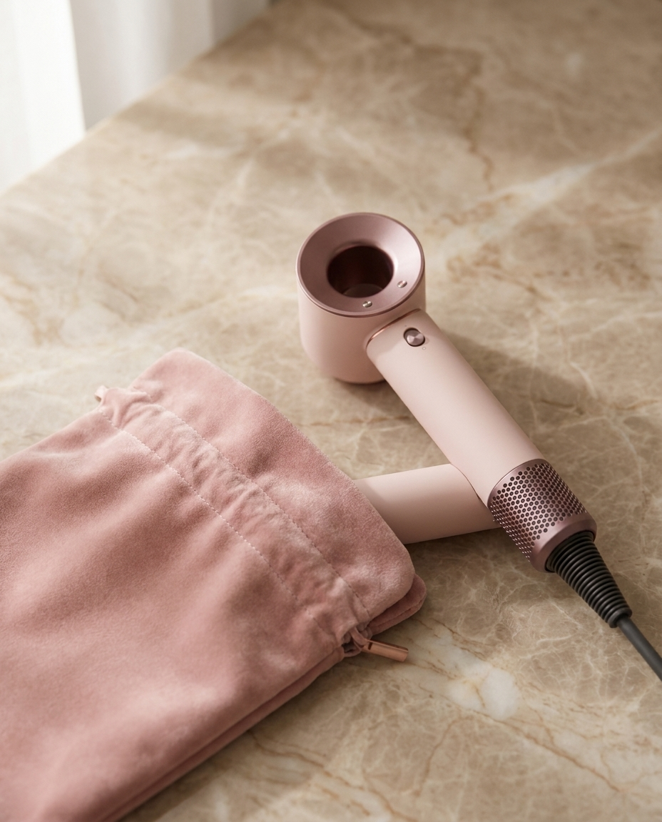 Travel hair dryer beside its soft travel pouch on marble
