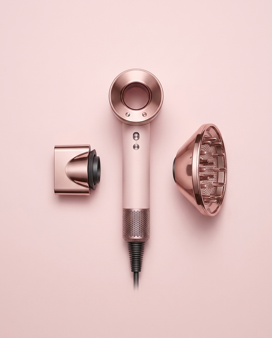 Travel hair dryer with magnetic styling attachments in rose gold