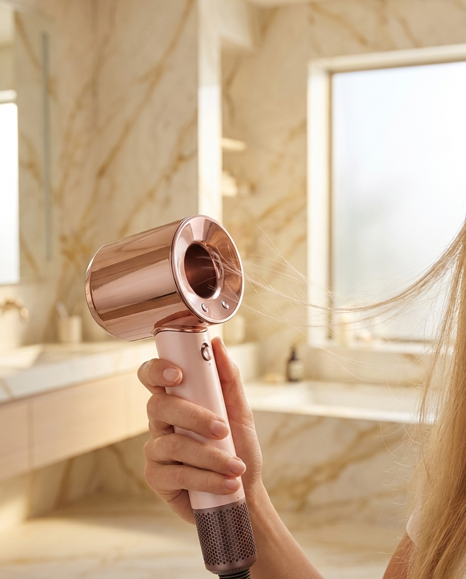 Ceramic pink travel hair dryer in use styling hair in a marble bathroom