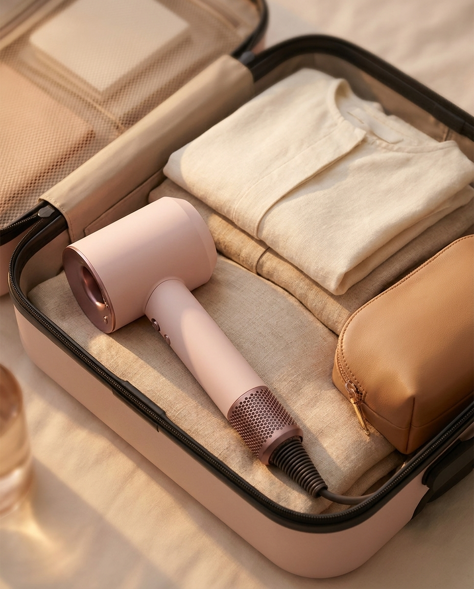 Compact hair dryer packed inside a carry-on suitcase
